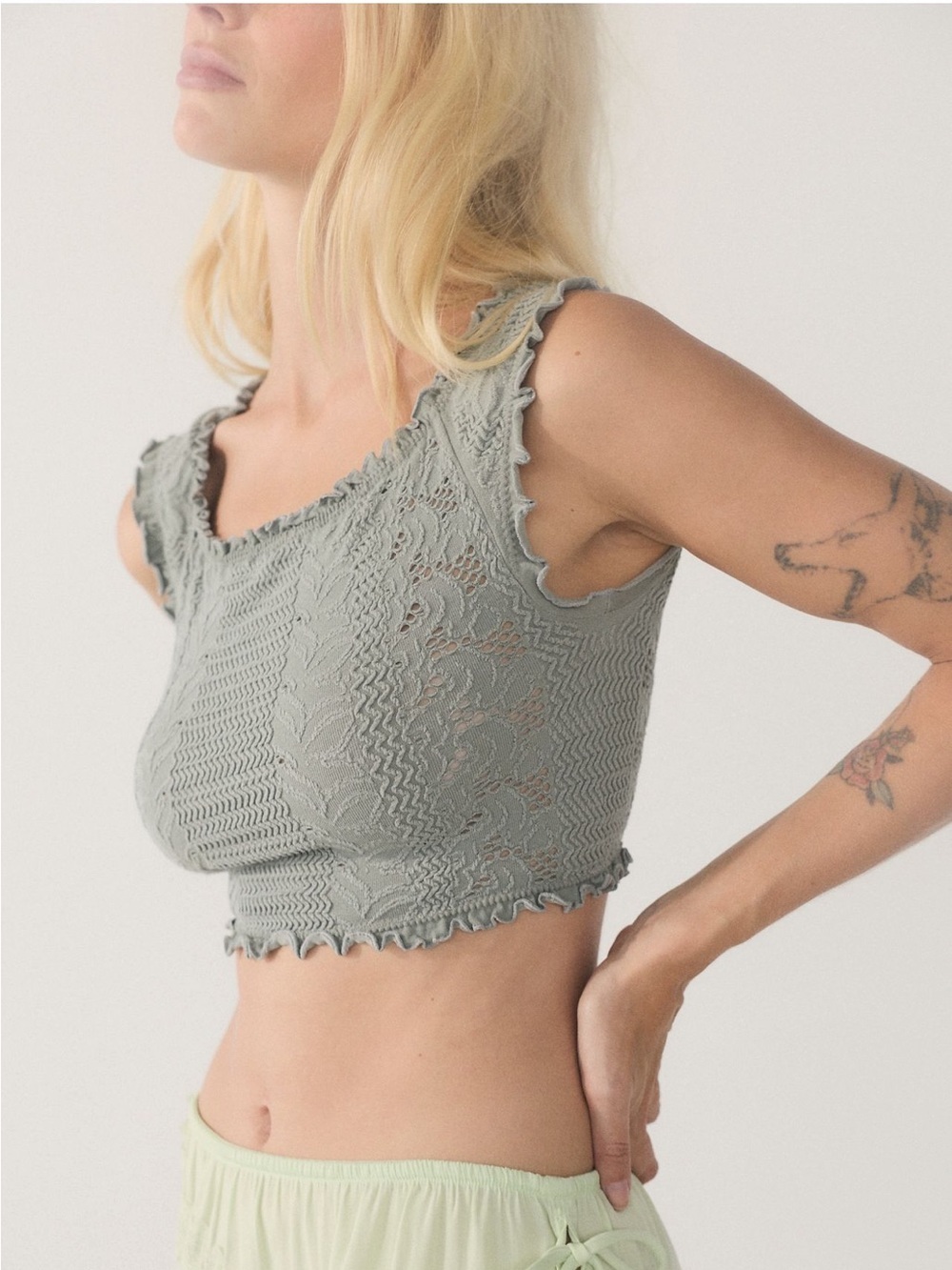 So Soft Frill Micro Seamless Micro Crop Top in Dustry Green, NWT, size L/XL